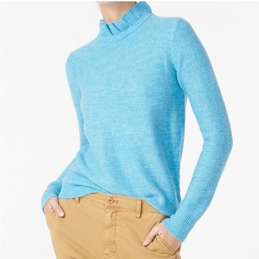J. Crew Knit Alpaca Teal Blue Sweater Ruffle Mock Neck Turtleneck Preppy Medium